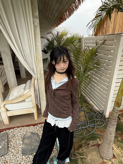 Two-piece Dot Patchwork Sleeve Polka Long T-Shirt Vintage