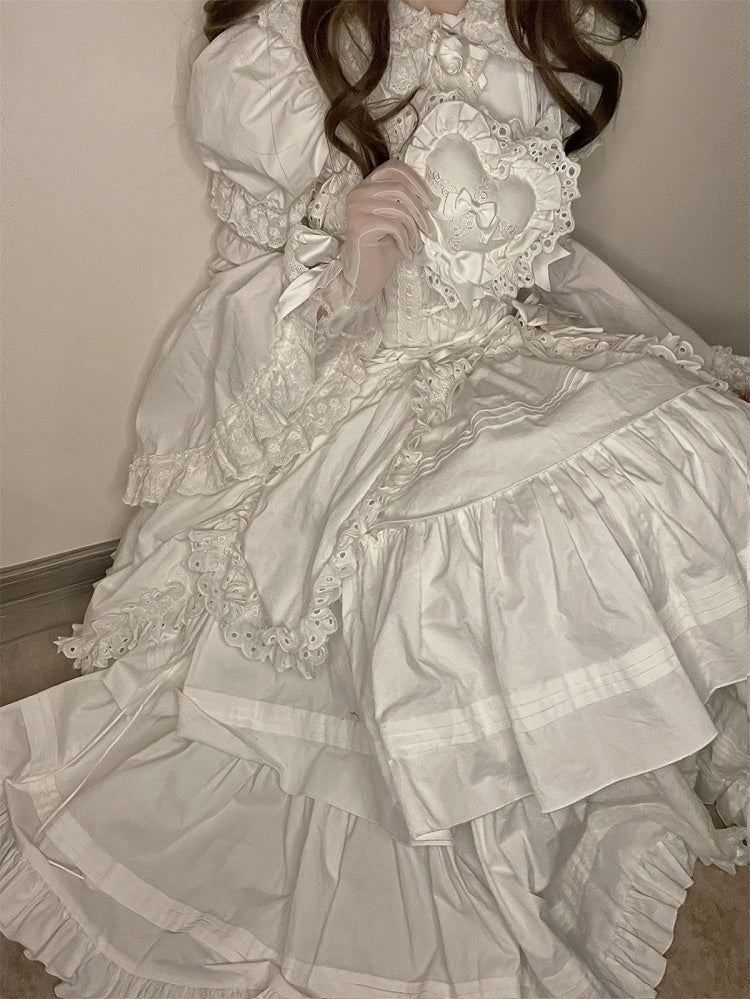 Decoration and Gothic White Heart-shaped Long Dress with Bowknots JSK Lolita Version Ruffled