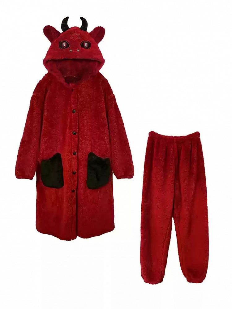 Gothic Pants Pajama with Winter Plush Nightgown Set Red Devil