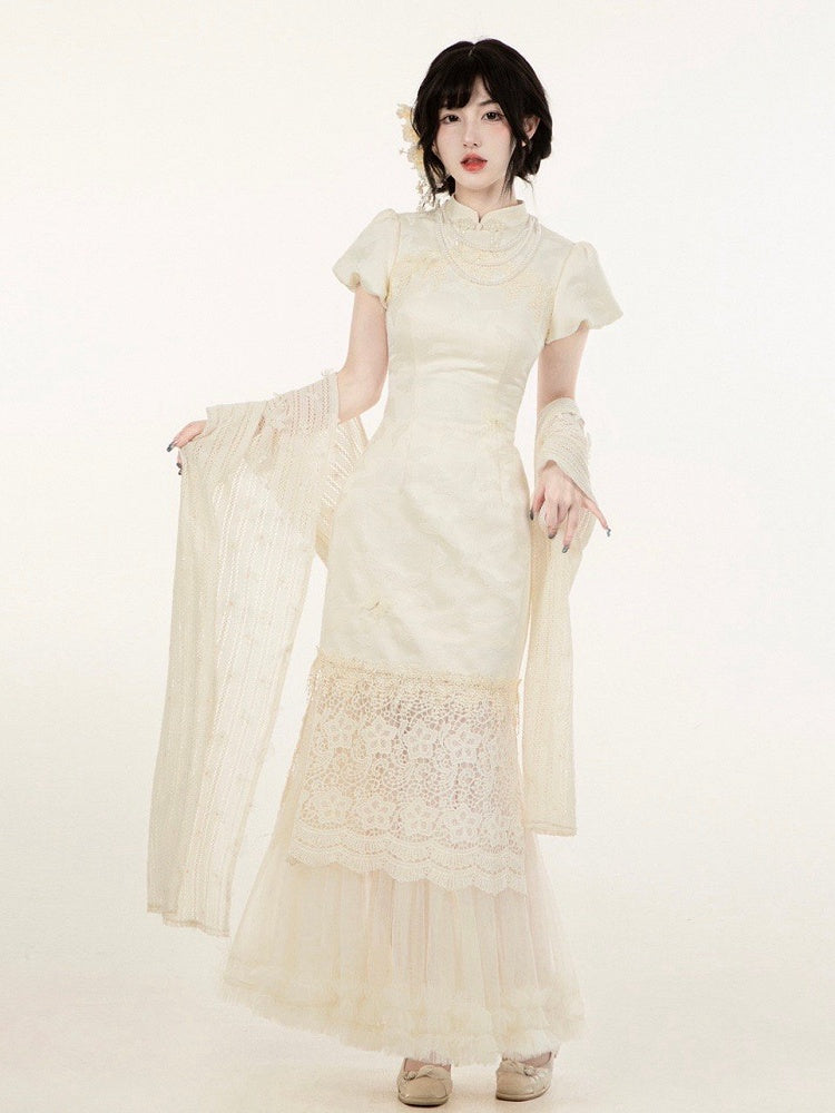 Jacquard Dress Set Panel Hem Lace Qi Full Slit Banded Butterfly Side Qipao Lolita Collar