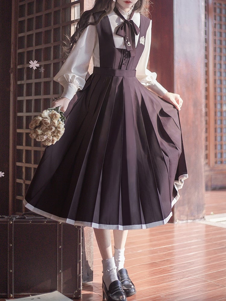 Lila Stickerei Floral Dusty in mit High Waist Box Pleated Overall Kleid