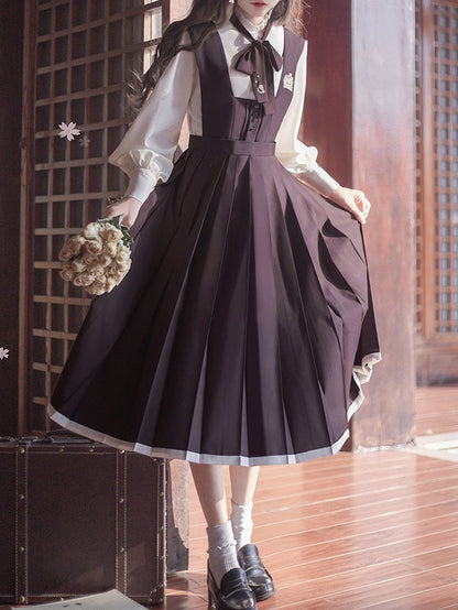 Lila Stickerei Floral Dusty in mit High Waist Box Pleated Overall Kleid