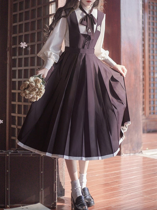 Lila Stickerei Floral Dusty in mit High Waist Box Pleated Overall Kleid