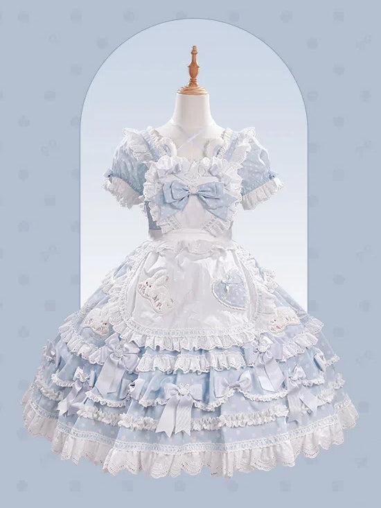 Süße herzförmige schwarze Lolita-Schleifen-Schürze, blau-rotes Mieder/rosa verziert