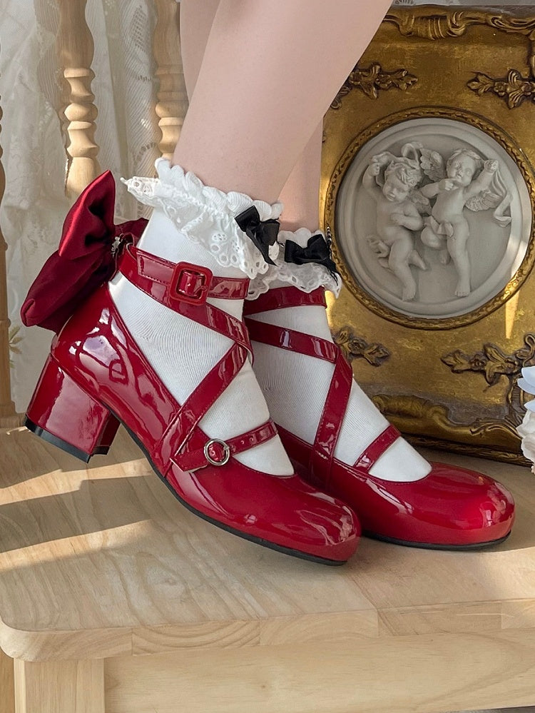 Akzentschleife, überkreuzte Absätze, mittelrotes Design, süße Zehenpartie, rund – Lolita