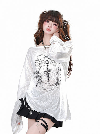 Schwarz/weißes, halbtransparentes, lockeres Sweatshirt mit Kreuzdruck und Kordelzug in der Taille