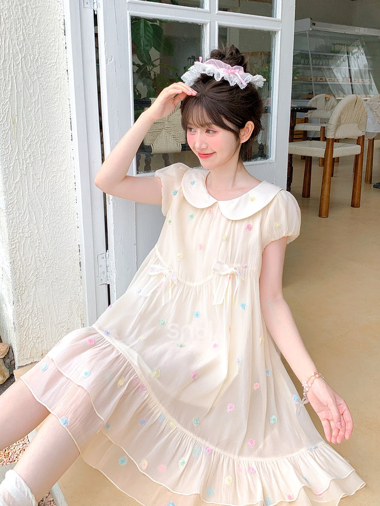 Muster Bunte Polka-dot Weiß Peter Pan Kragen Puffärmel Chiffon Kleid