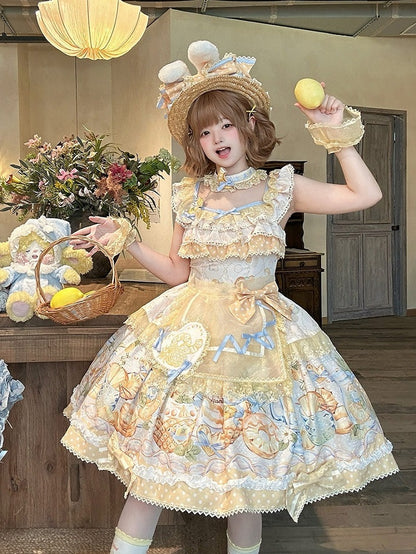 Yellow & Blue Polka Dot Fruit Print Lolita JSK Dress with Lace Details - Badoni B DOLLY Original Design