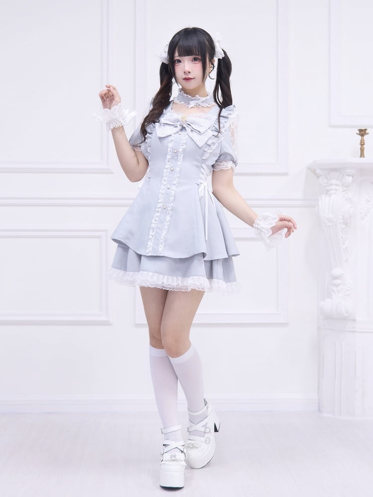 Kleidrock mit seitlicher Schnürung, Mini-Light-Kei-Style-Jirai-Schulter, passender Ausschnitt und graues Detailset: