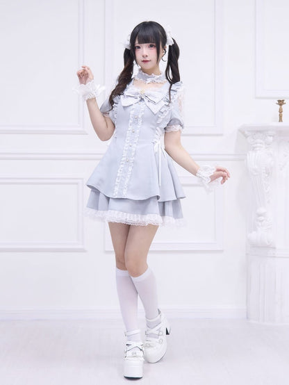 Kleidrock mit seitlicher Schnürung, Mini-Light-Kei-Style-Jirai-Schulter, passender Ausschnitt und graues Detailset: