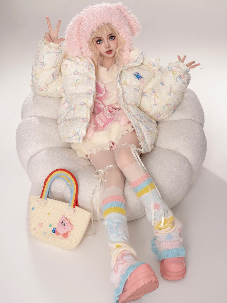 Milchweiß/Rosa dicke Kapuzenjacke mit Sternen und Schleifen