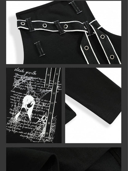 Jirai Kei Schwarz/Weißes Manga-Girl-Oberteil mit Trägerdetails und hohem Halsausschnitt