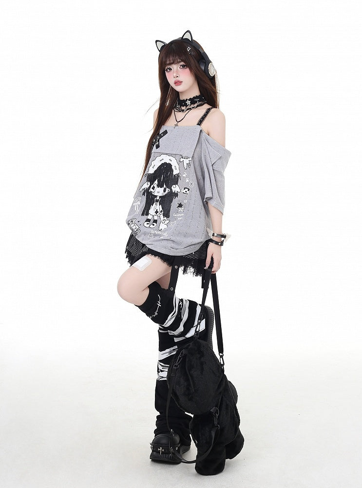 ネックライン ガールプリント Tシャツ カートゥーン グレー/ホワイト オフショルダー クロスデザイン