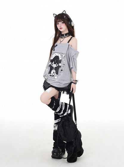 ネックライン ガールプリント Tシャツ カートゥーン グレー/ホワイト オフショルダー クロスデザイン