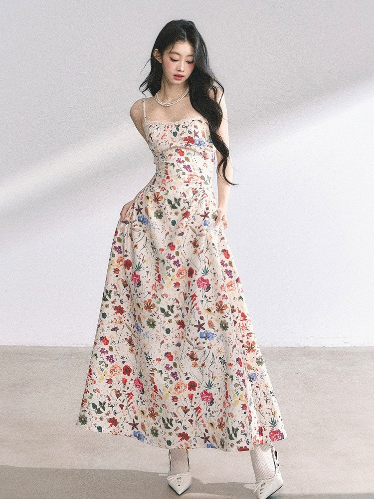 Beiges, floral bedrucktes, weihnachtliches Cami-Kleid, lange/kurze Version