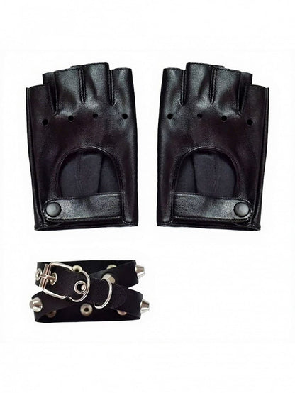 Punk Black Cutout Half-Finger Gloves with Studded Bracelet Set - Mr. Cat