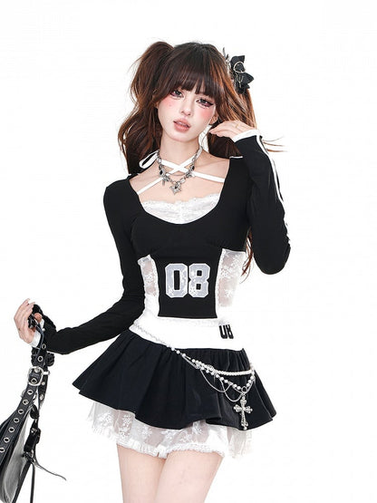 ブラックホルターネックコントラストレースパッチクロップドトップス