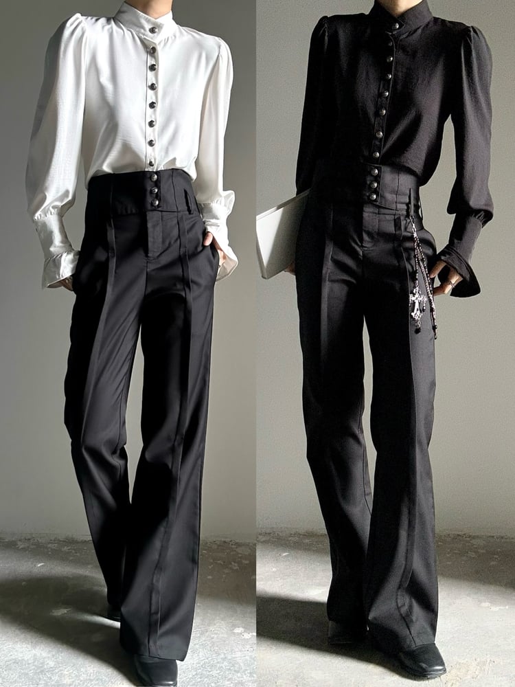 Waistband Straight-Leg Flare with Black High-Waisted Ouji Pants Vertical Lolita Buttoned