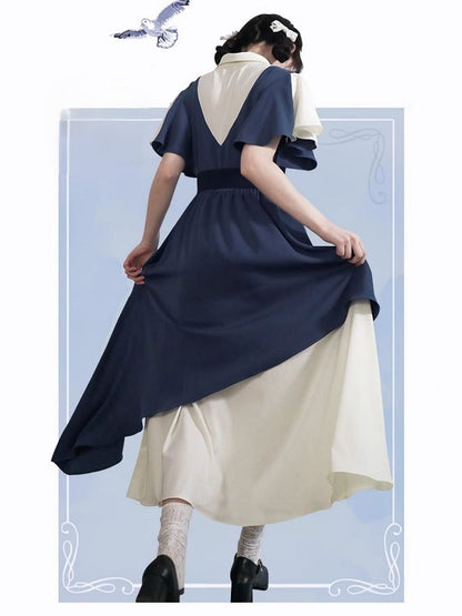 Colorblock White Preppy Dress Bow Tie with Blue Key Waist Piano High