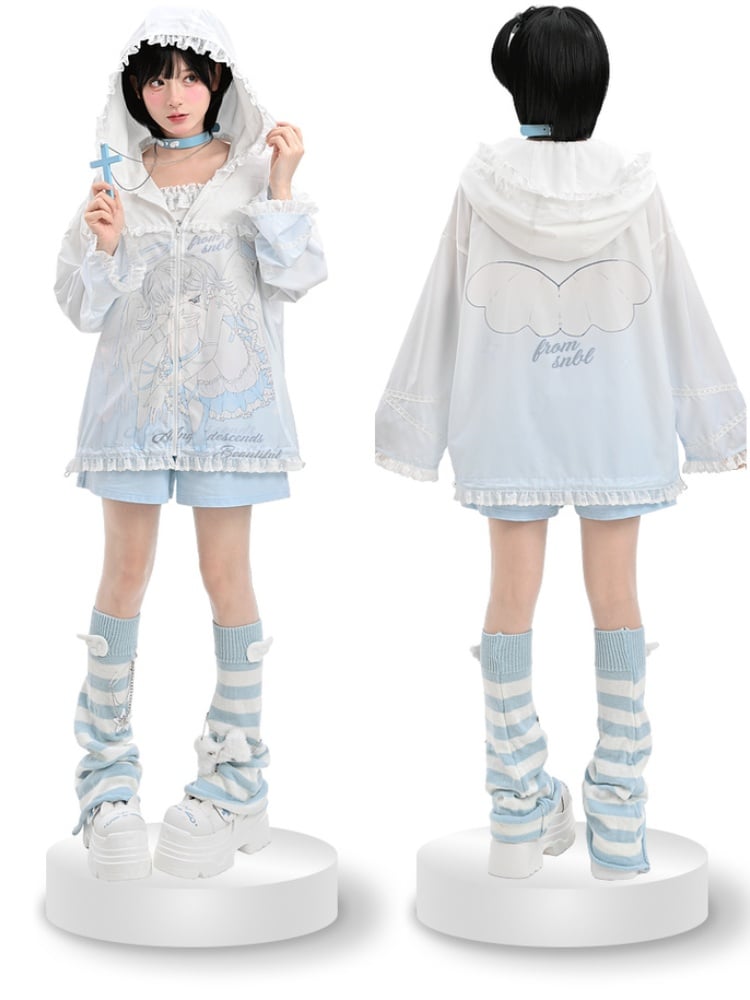 日焼け防止フード付き青と白のアニメガールプリントフリル裾ジャケットレース