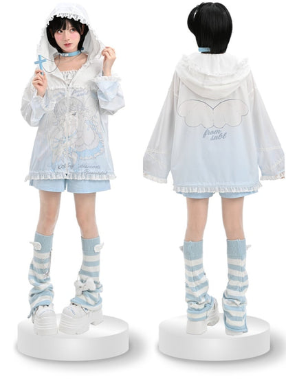 日焼け防止フード付き青と白のアニメガールプリントフリル裾ジャケットレース