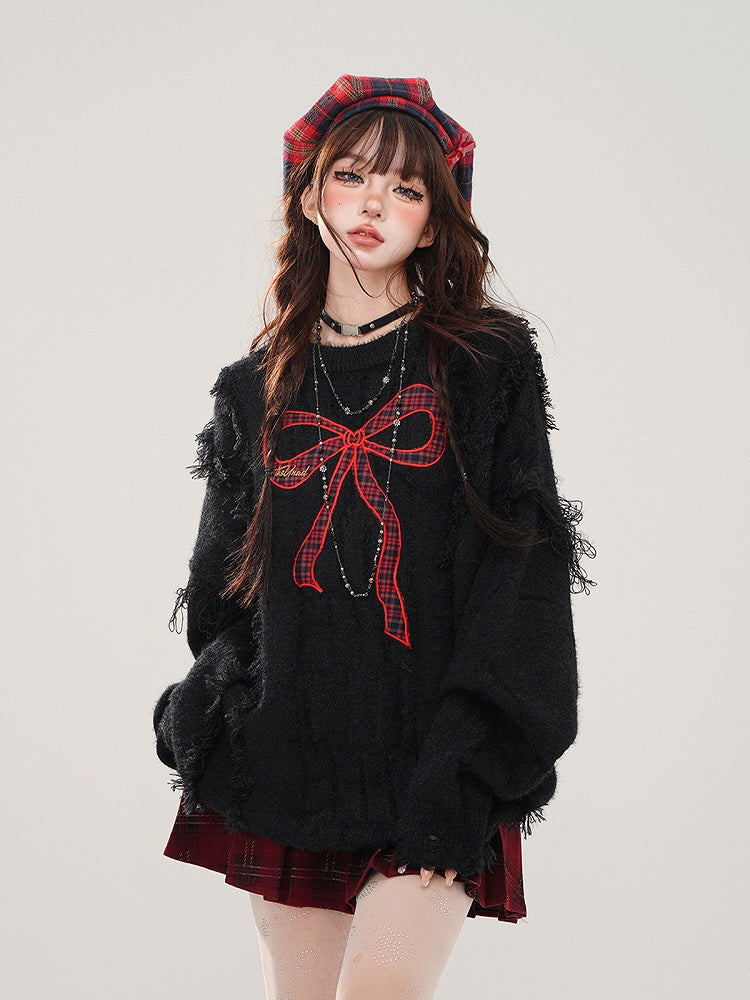 Bittersweet Kawaii Black Distressed Sweater with Red Plaid Bow Embroidery
