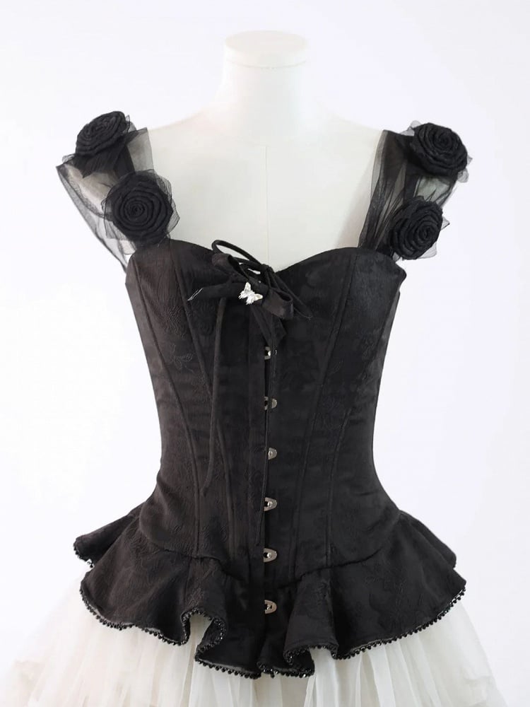 Lolita Corset Accents with Top Jacquard Rose Shoulder Black