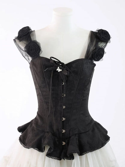 Lolita Corset Accents with Top Jacquard Rose Shoulder Black
