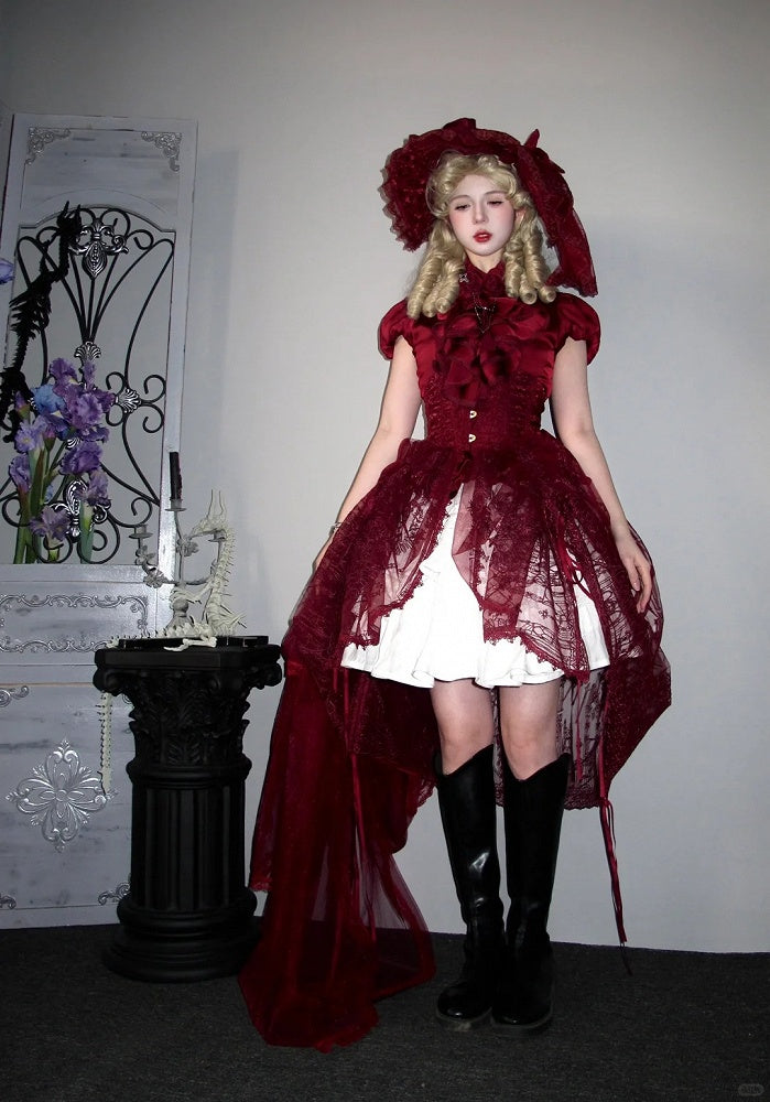 Roter Gothic Lolita Korsettgürtel mit Tunnelzug-Design, Kathedralen-Stickerei-Overlay