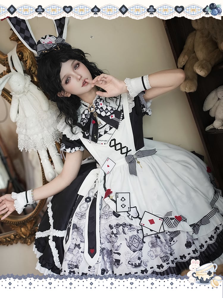 Sweet Lolita Apron Dress OP Full Set with Bunny & Teapot Print in Black and White - Ying Luo Fu