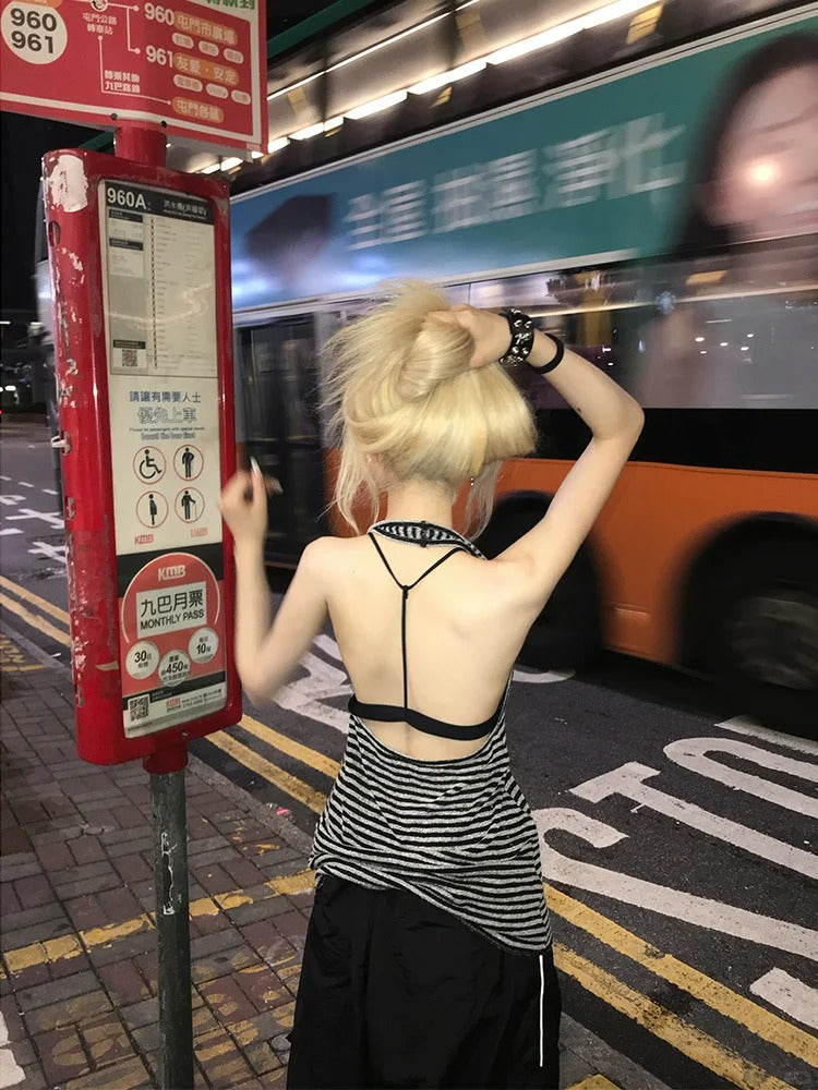 ホワイトストライプホルターネックトップ ブラック ヴィンテージ バックレス