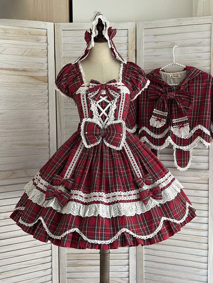 with Lolita Scalloped and Dress Puff Trim Bow Accents Sweet Plaid Edge Sleeves Red
