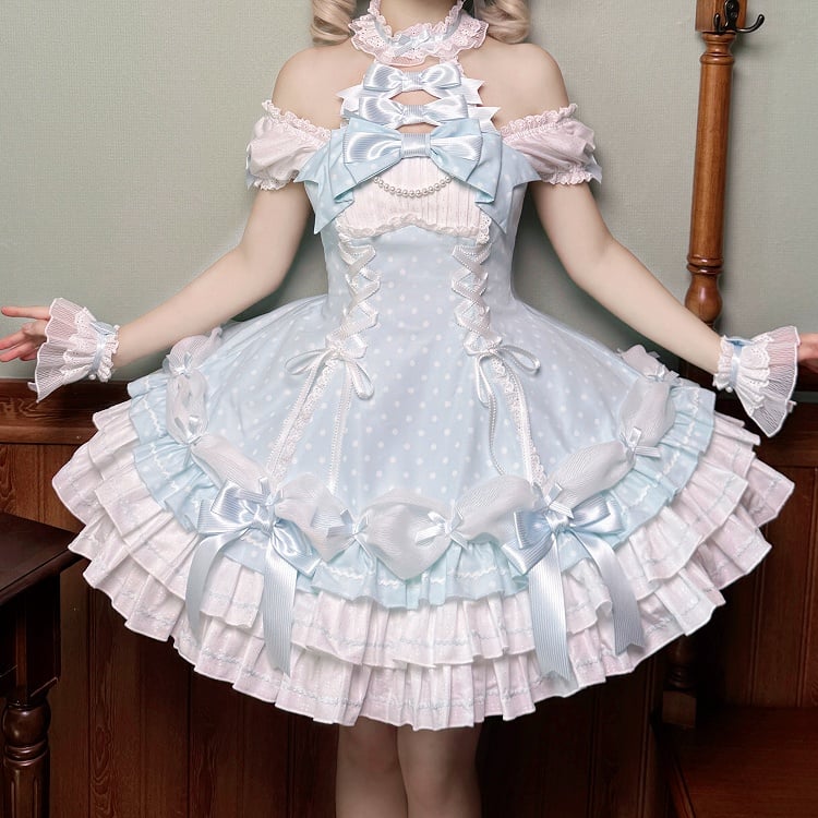 Dot Blue Lolita Neck Old Halter School Sleeves Versatile Dress Polka with Puff