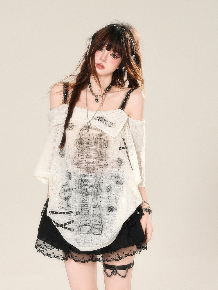 Ausschnitt Anime Girl Print Halbtransparentes Spitzen-T-Shirt Weiß Off-the-Shoulder