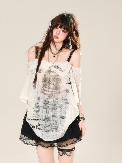 Ausschnitt Anime Girl Print Halbtransparentes Spitzen-T-Shirt Weiß Off-the-Shoulder