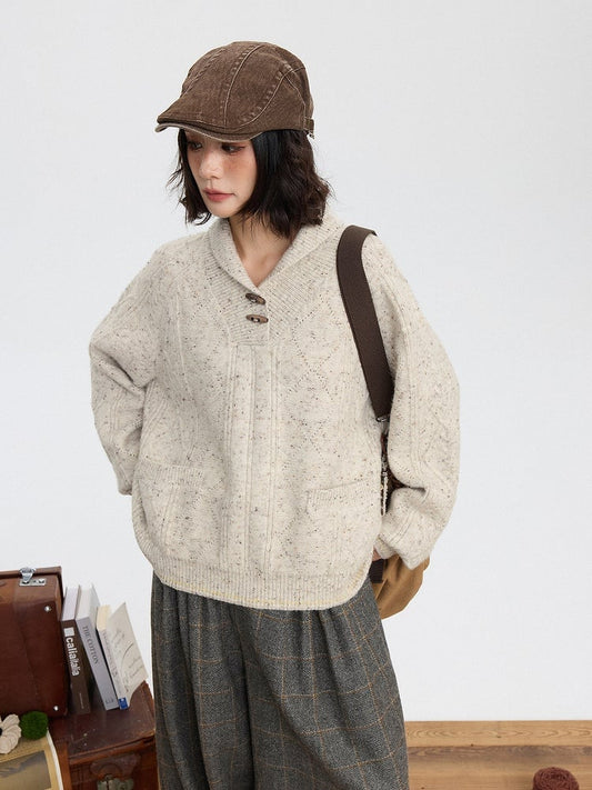 Sweater Button Pullover Vintage Apricot Decorated - Harlequin Toggle