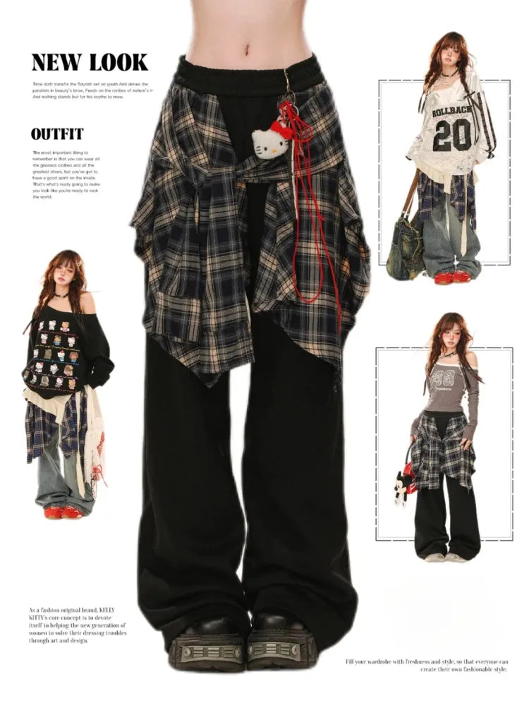 Schwarze karierte Hose mit weitem Bein und