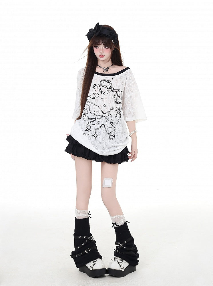 バックリボンプリント ビッグバックレスTシャツ リボン ホワイト セミシアー