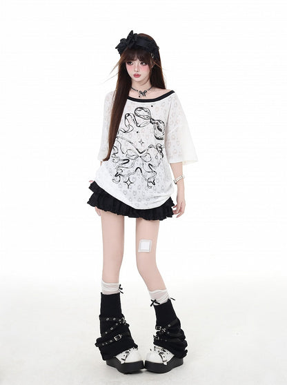 バックリボンプリント ビッグバックレスTシャツ リボン ホワイト セミシアー