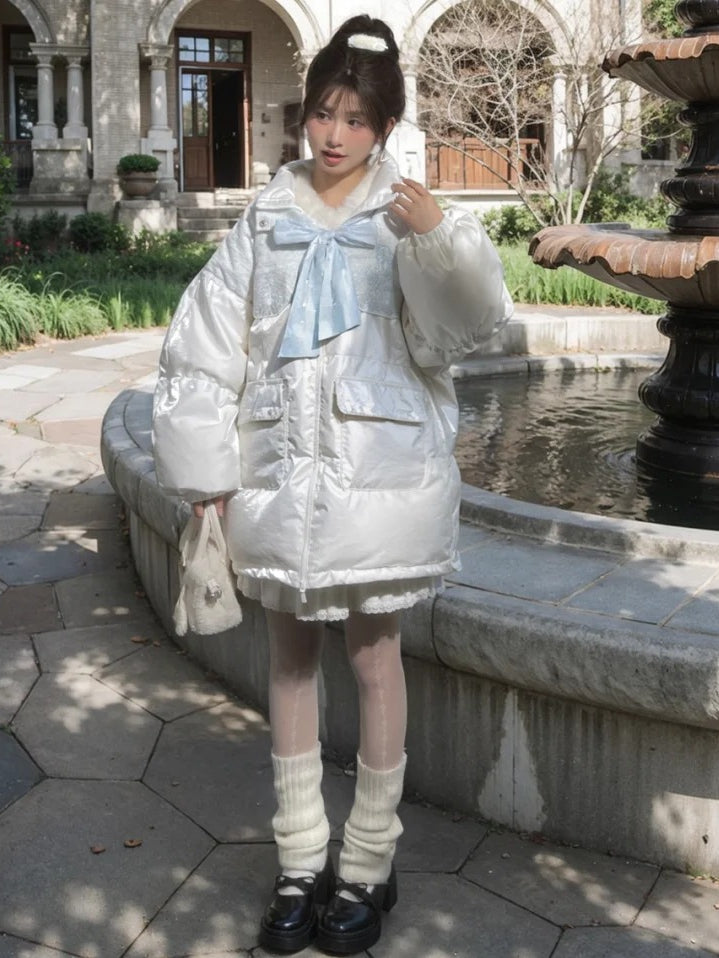 Alice in Wonderland Alice Tweed Patchwork White Hooded Down Jacket