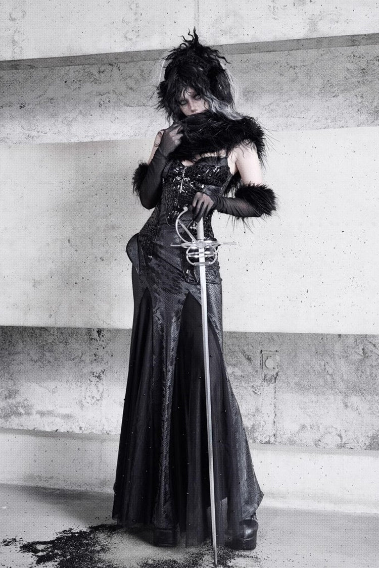 Black Sleeveless Print Stitching Slim Gothic Jsk Dress