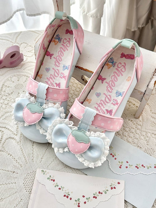 Sweet in Shoes Strawberry PU Top Bow Leahter Blue Closures T-Velcro Strap Flat -