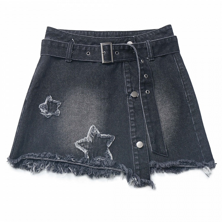 Y2K Schwarzer Jeansrock mit Stern-Applikationen und rohem Saum und Schnallengürtel