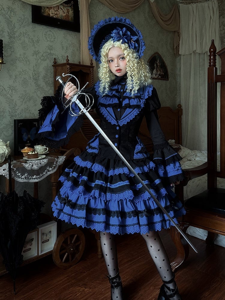 Weste Rock Gothic und Shirt + Ärmel Lolita High Waist Blau Schwarz Glocke - Set Klein