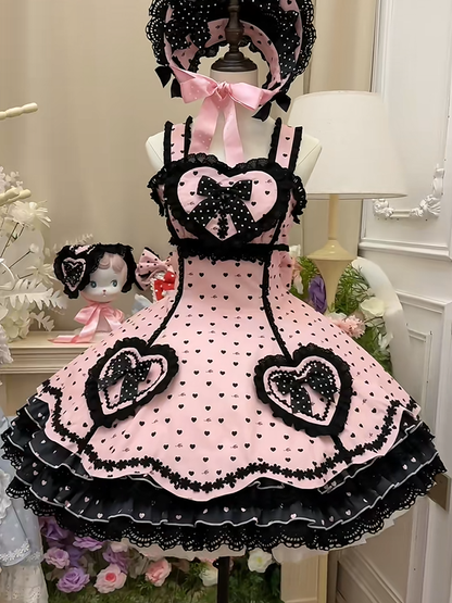 Sweet Lolita Pink Dress Heart Bows and Black Lace-Trimmed Motifs with