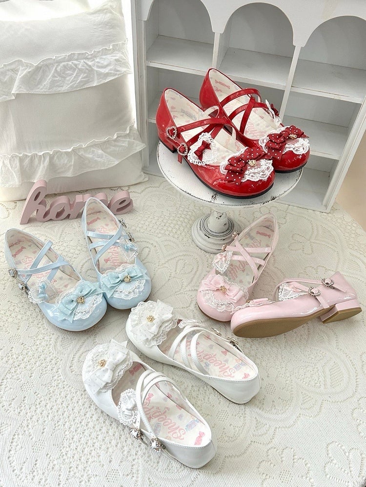 Blue Heels Lolita Low Fastener with Rhinestone Heart Sweet