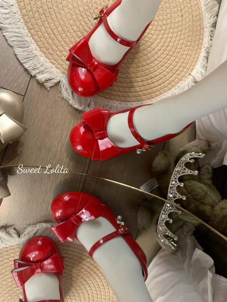 Wine Red Sweet Lolita Mid Heels - Polished Bow Mary Jane Shoes