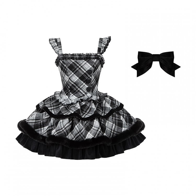 Details Winter Black Dress Pattern Plaid Lolita with Ruffle and White