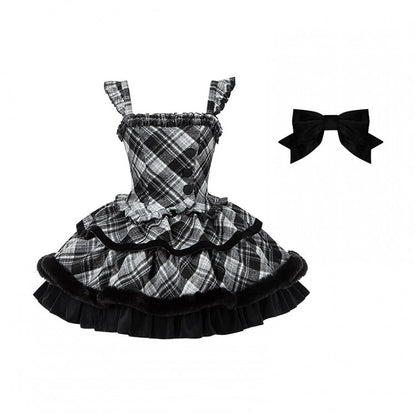 Details Winter Black Dress Pattern Plaid Lolita with Ruffle and White