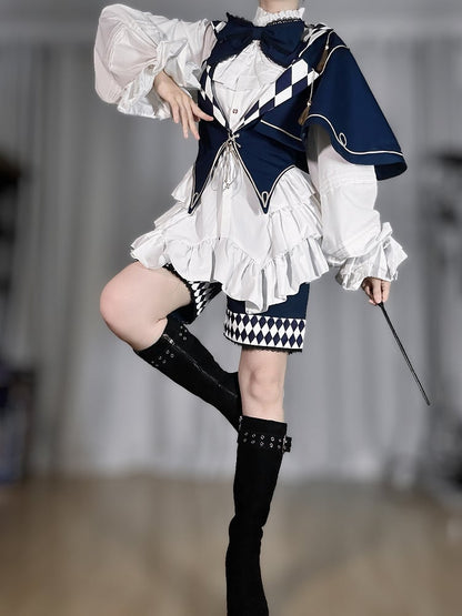Blue Circus with Vibes Diamond Lolita Pattern Waistcoat Ouji Notched One-Shoulder Dark Collar Cape